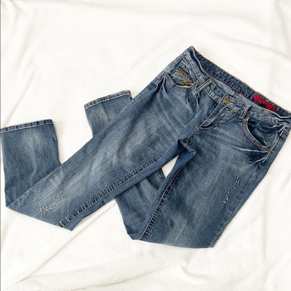 Vigoss Jeans straight leg blue distressed denim size 29 flap pockets